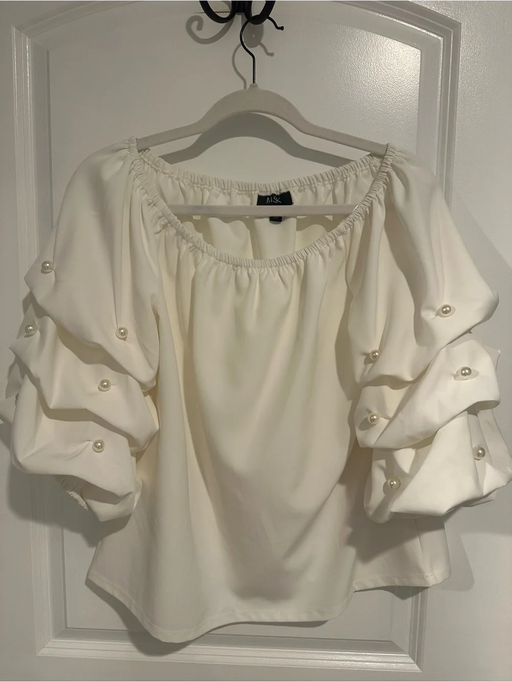 White Pearl-Embellished Puff Sleeve Blouse - Picture 1 of 5